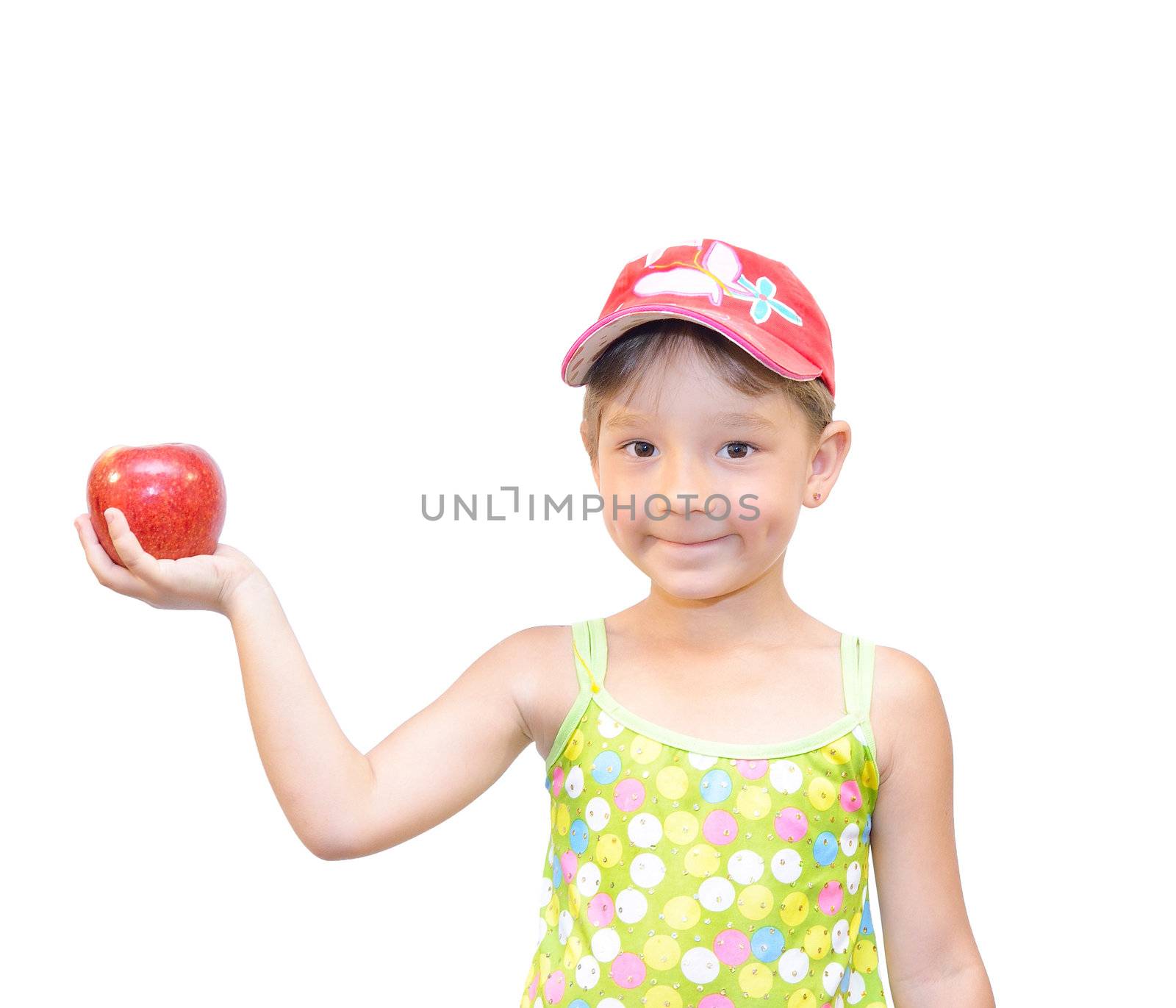 The Child and apple on white background.