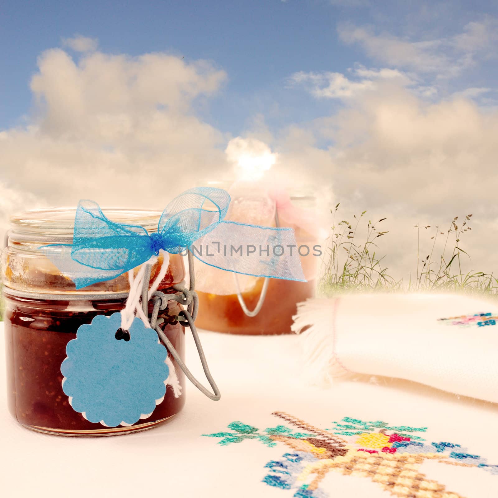 two jars of jam on a tablecloth on the grass
