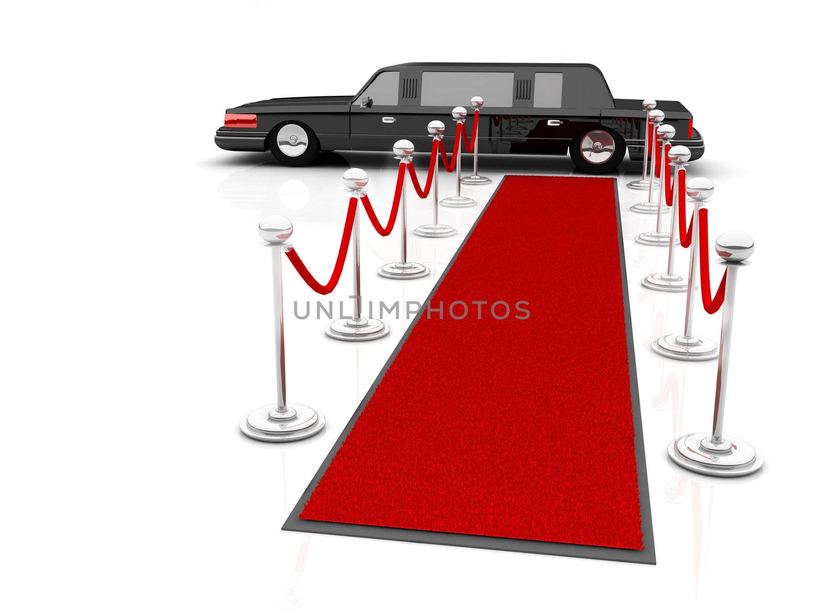 Illustration of a VIP red carpet leading with waiting limousine.