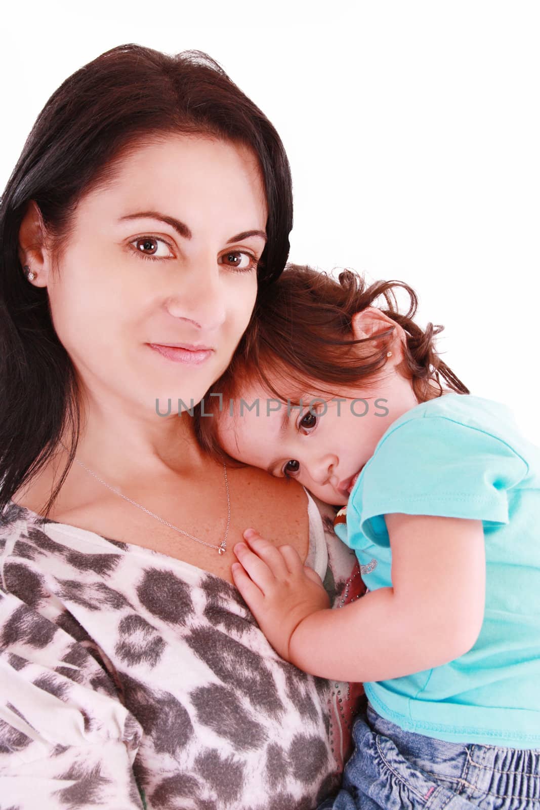 Mother holding her lovely daughter, isolated on white