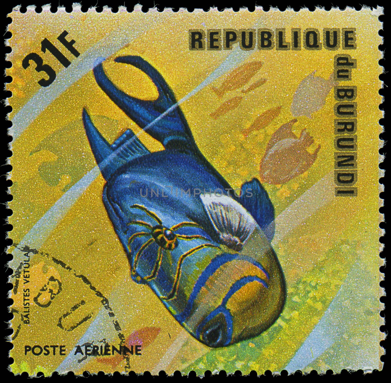 Republic of Burundi, - CIRCA 1975: A stamp printed by Burundi shows the fish Balistes vetula, circa 1975 by Zhukow