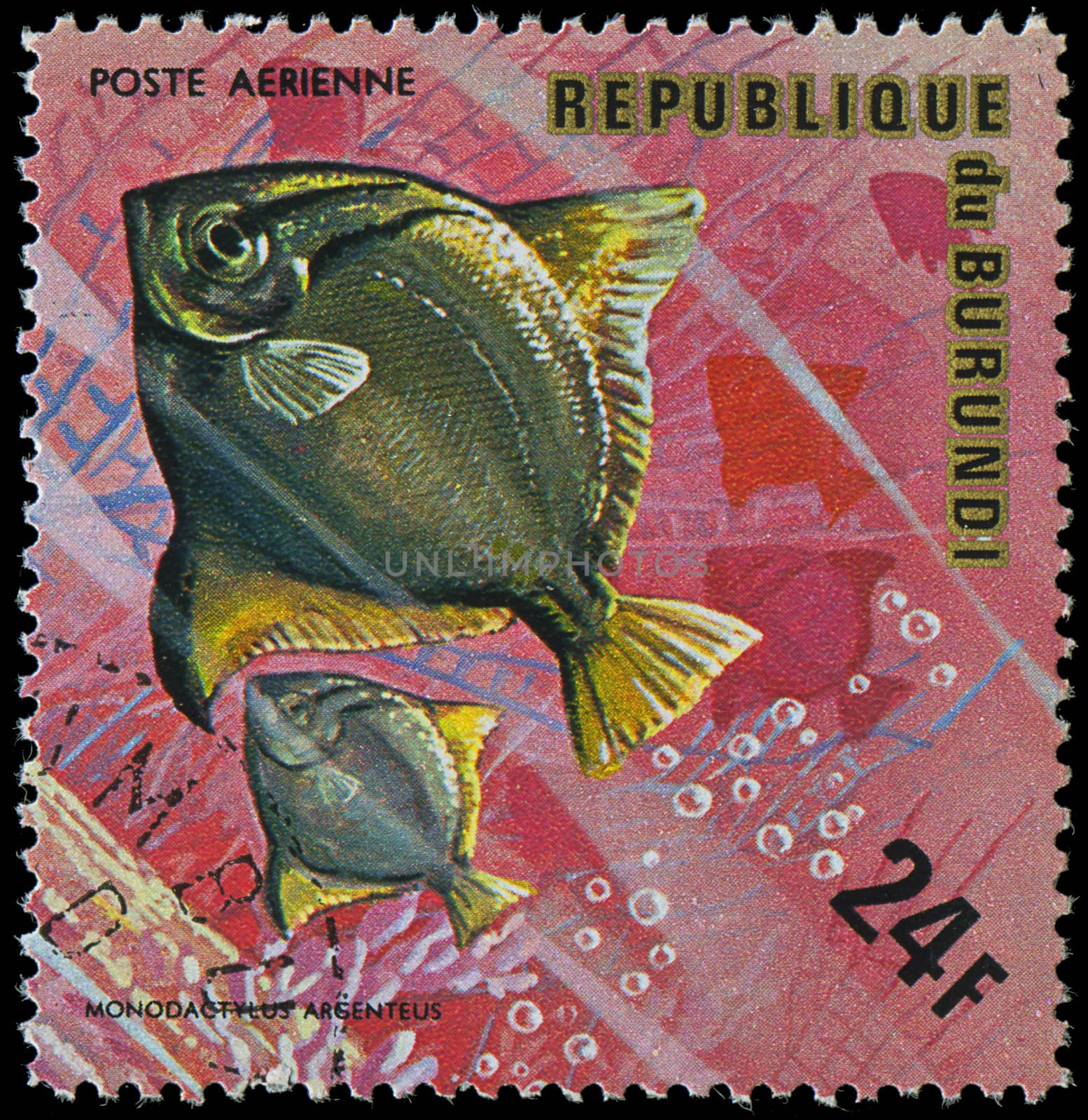 Republic of Burundi, - CIRCA 1975: A stamp printed by Burundi shows the fish Monodactylus argenteus, circa 1975