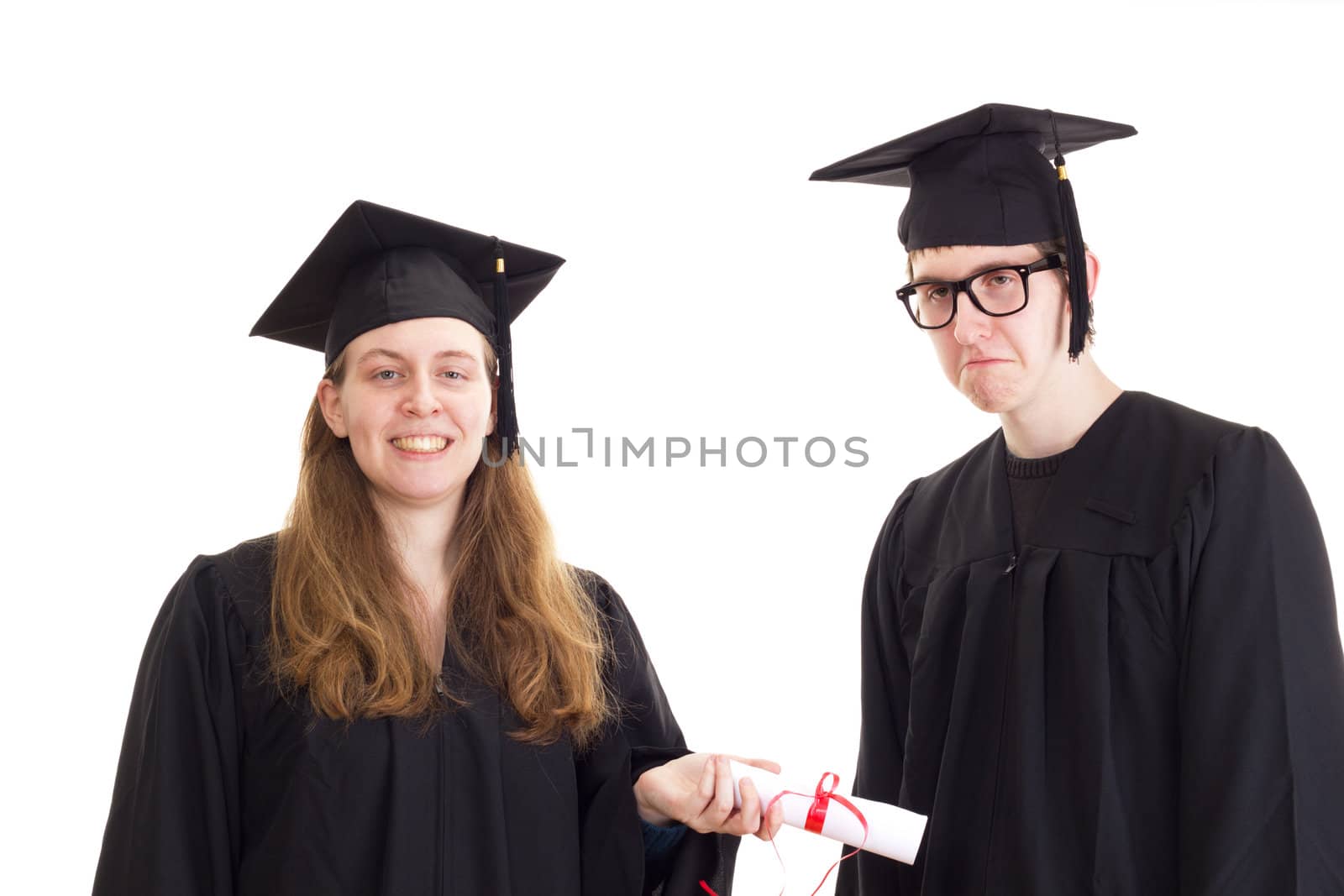 Two graduates in their academic gowns by gwolters