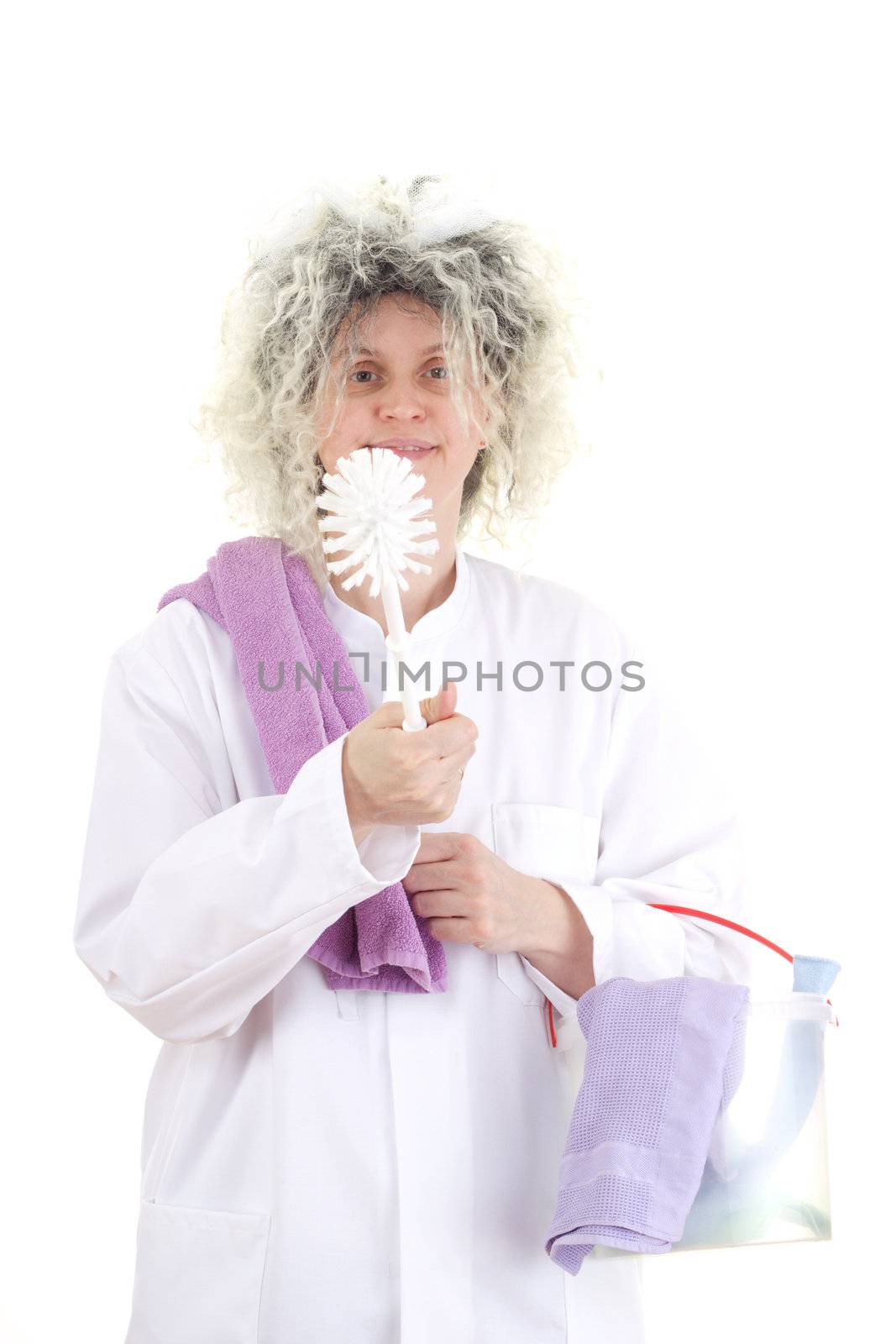 Female cleaner in white work coat