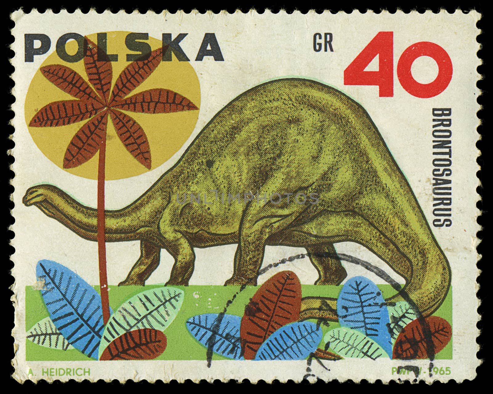 POLAND - CIRCA 1965: A stamp printed in Poland shows Brontosaurus, series Dinosaurs, circa 1965