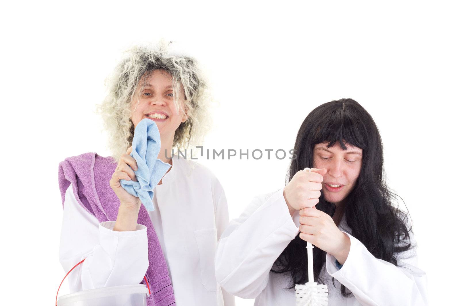 Female cleaners in white work coats