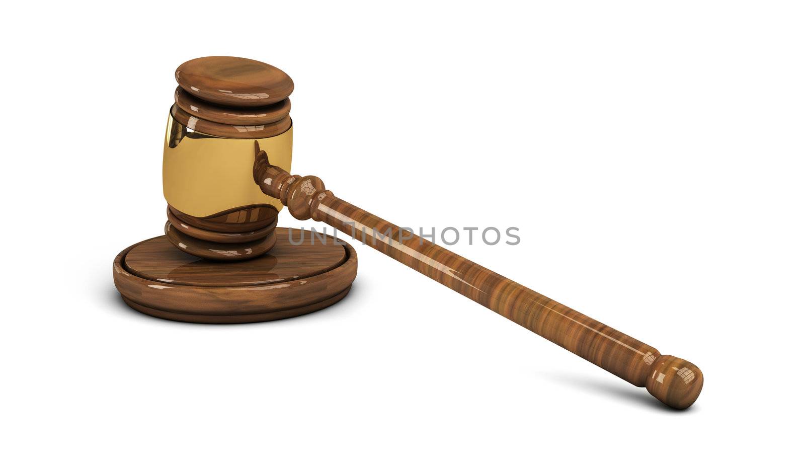 Wooden gavel with brass rim, legal set on white