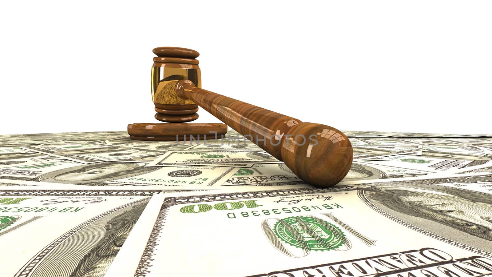 Gavel standing on a dollars. Wide angle conceptual illustration