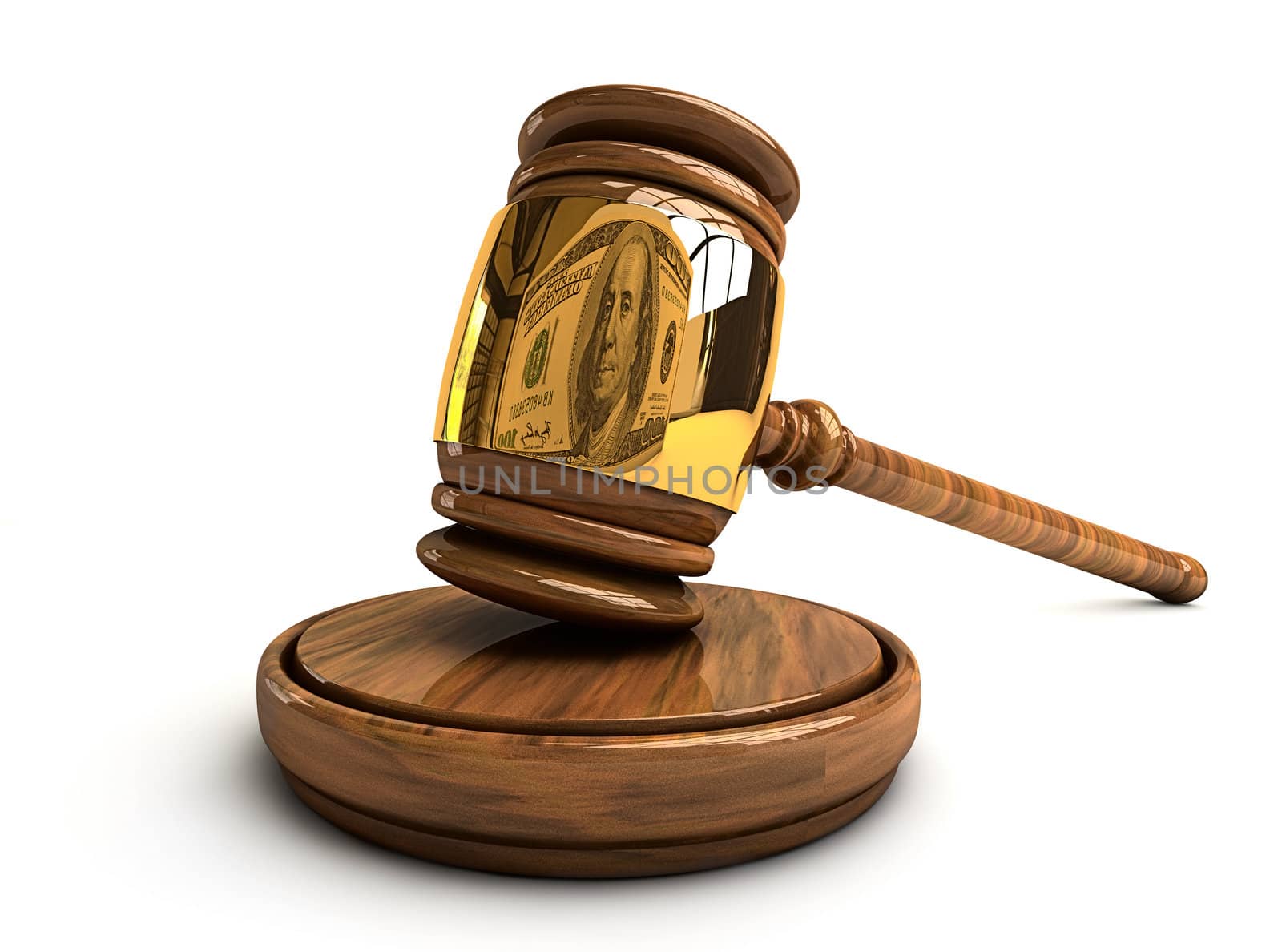 Gavel with the reflection of dollar. Conceptual illustration