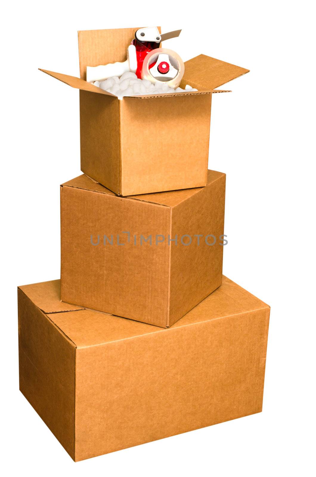 Shipping boxes with packing peanuts and tape dispenser isolated on white background with clipping path.