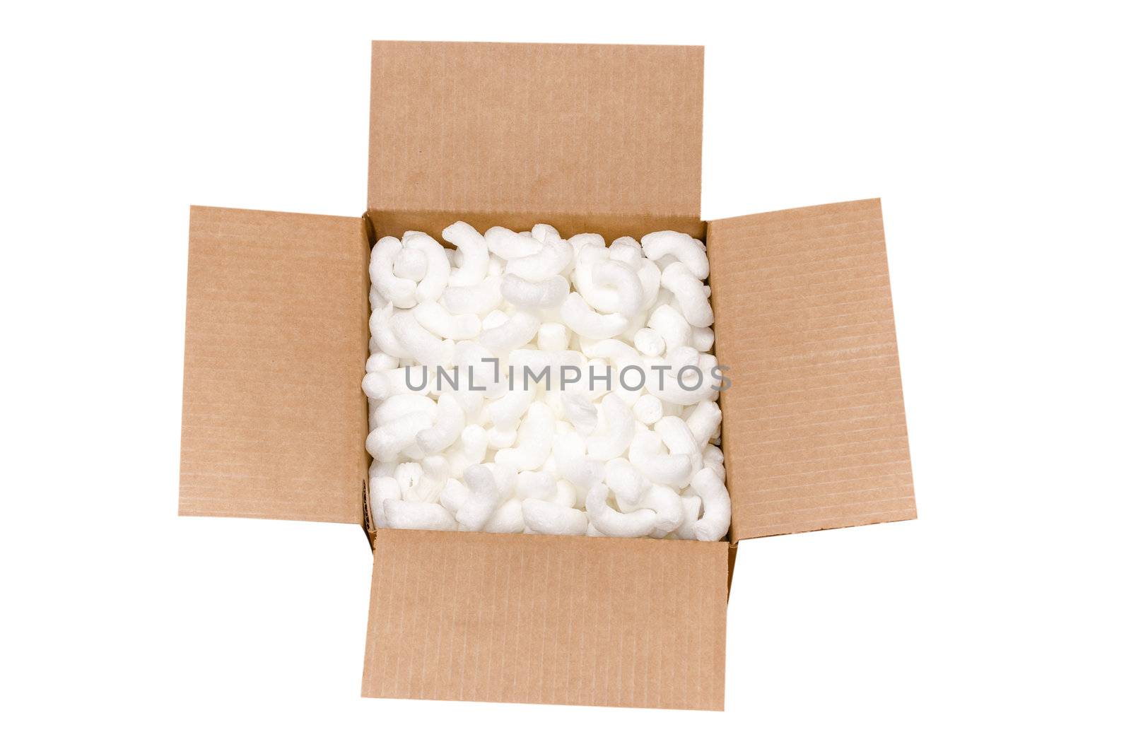 Shipping box with packing peanuts  isolated on white background with clipping path.