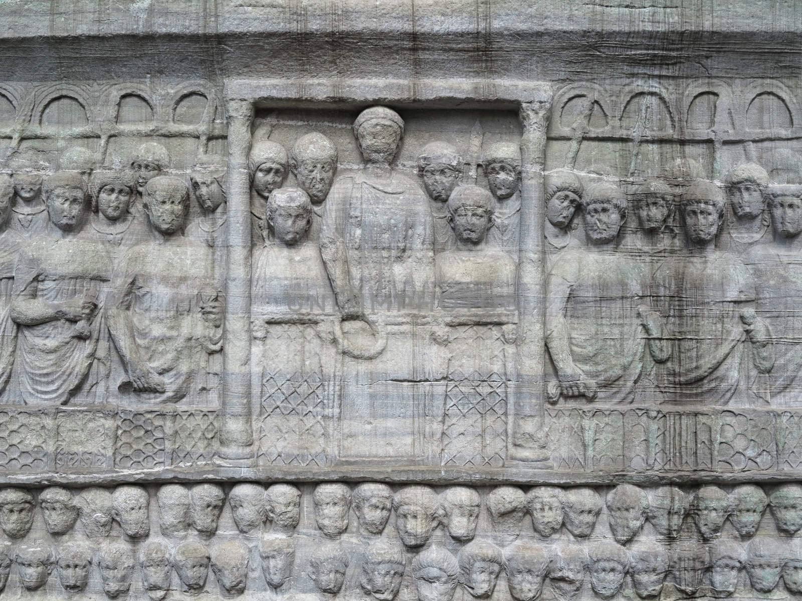 The base of the Obelisk of Thutmosis III showing Emperor Theodosius as he offers a laurel wreath to the victor from the Kathisma at the Hippodrome, Istanbul, Turkey.