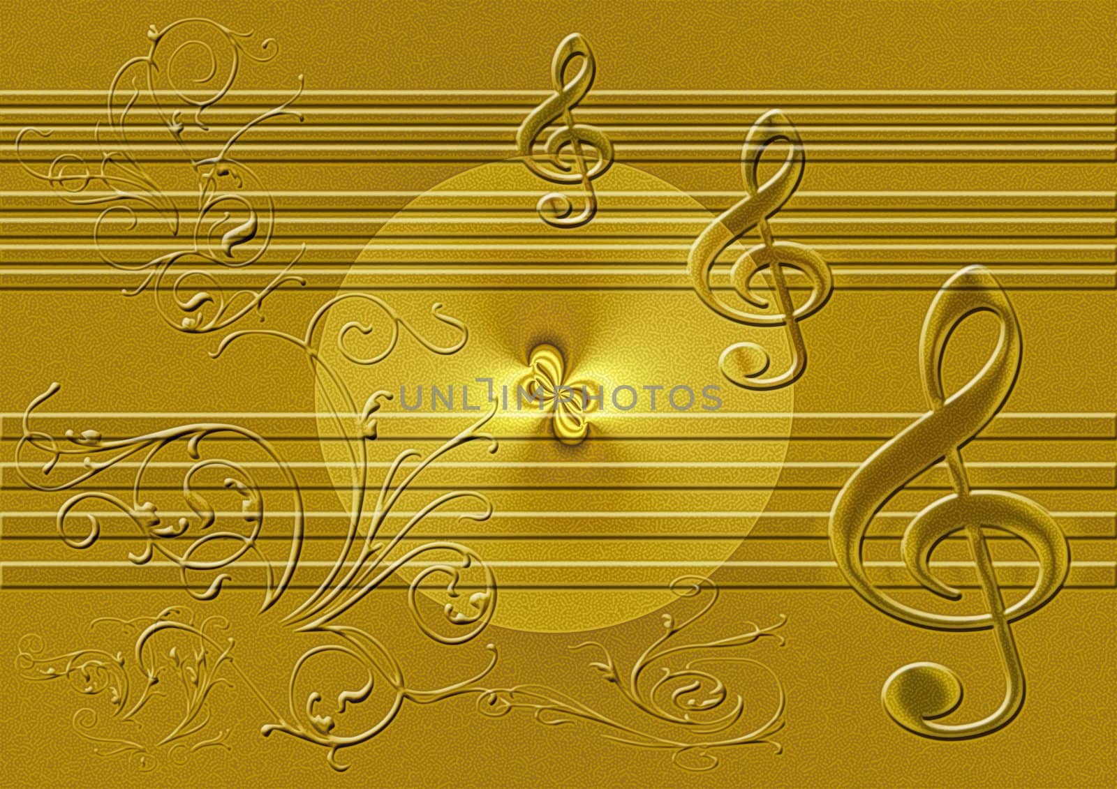 great creative abstract color rich textured image of music disc, and violin keys to stave