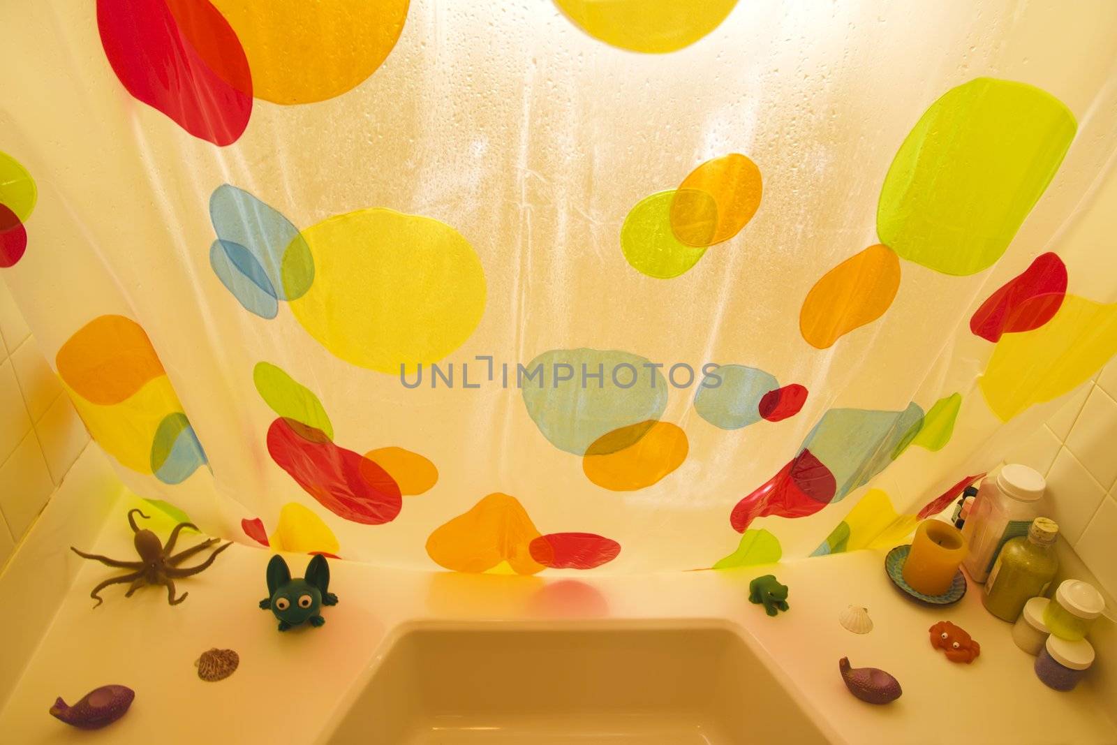 High angle of polka dotted shower curtain and bathtub toys.