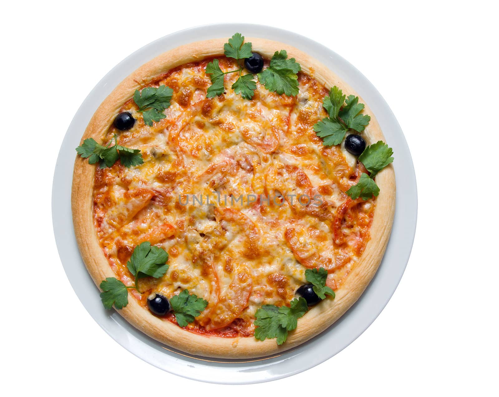 Tasty Italian pizza, isolated on white background.with olive