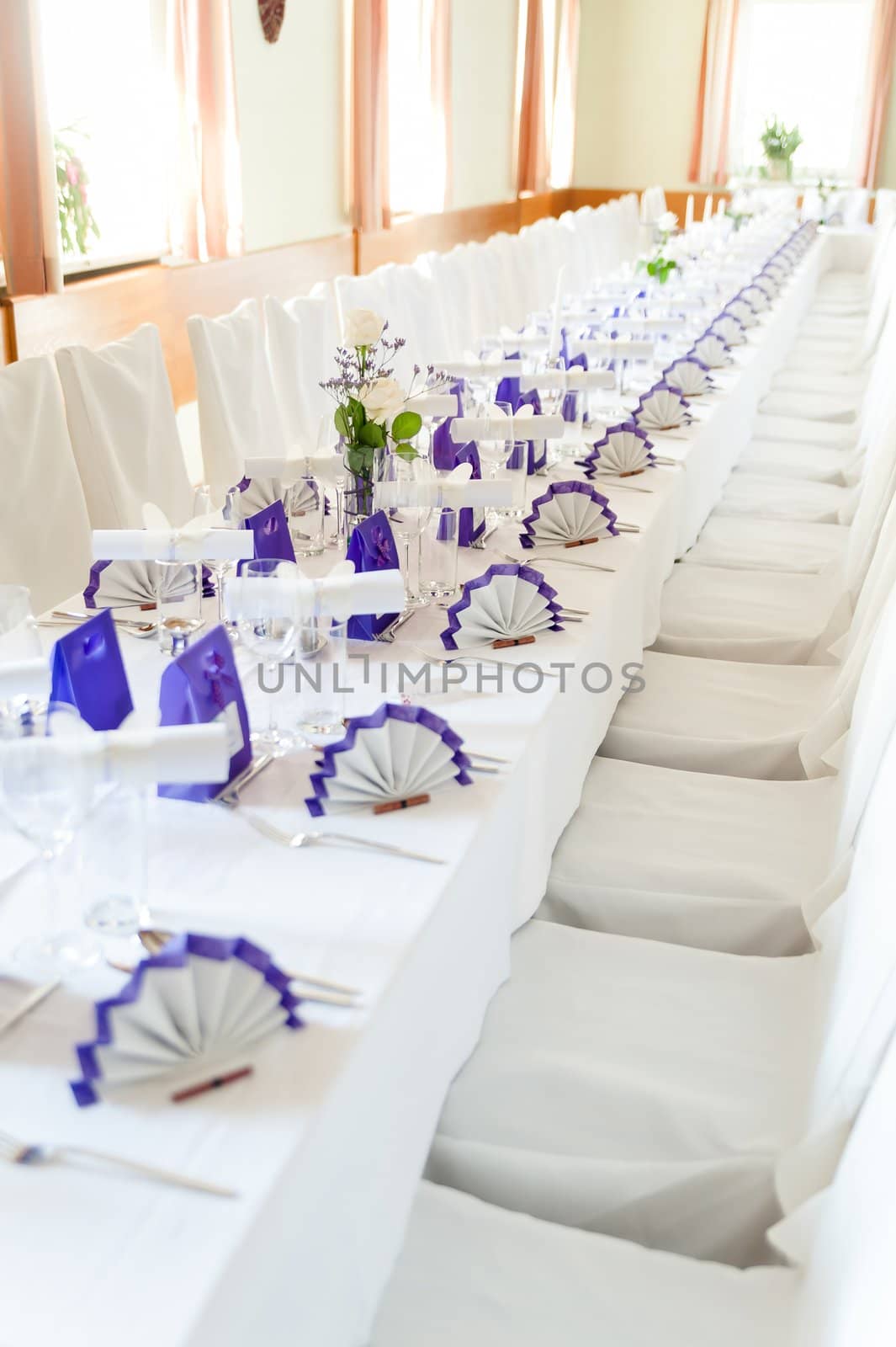 Wedding festive hall with purple decoration