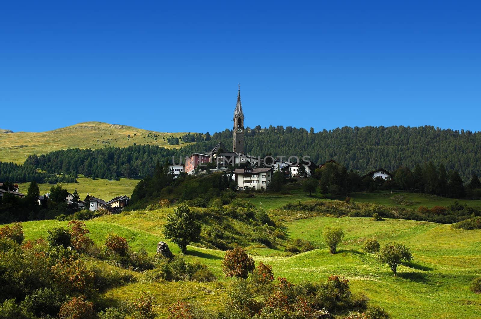 A typical Swiss alpine meadow, and small town