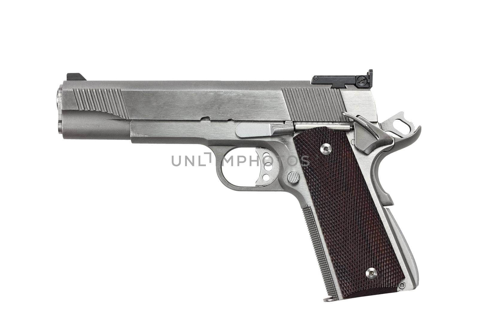 Forty five calaber handgun isolated on a white background with clipping path included.