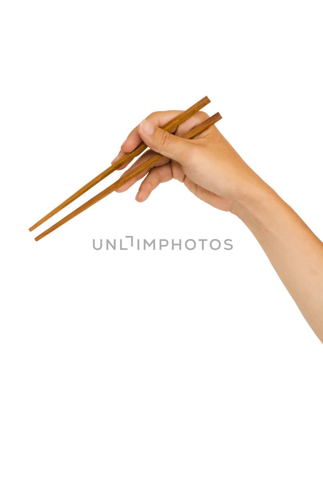 isolated man hand holding wooden chopstick, with clipping path in jpg.