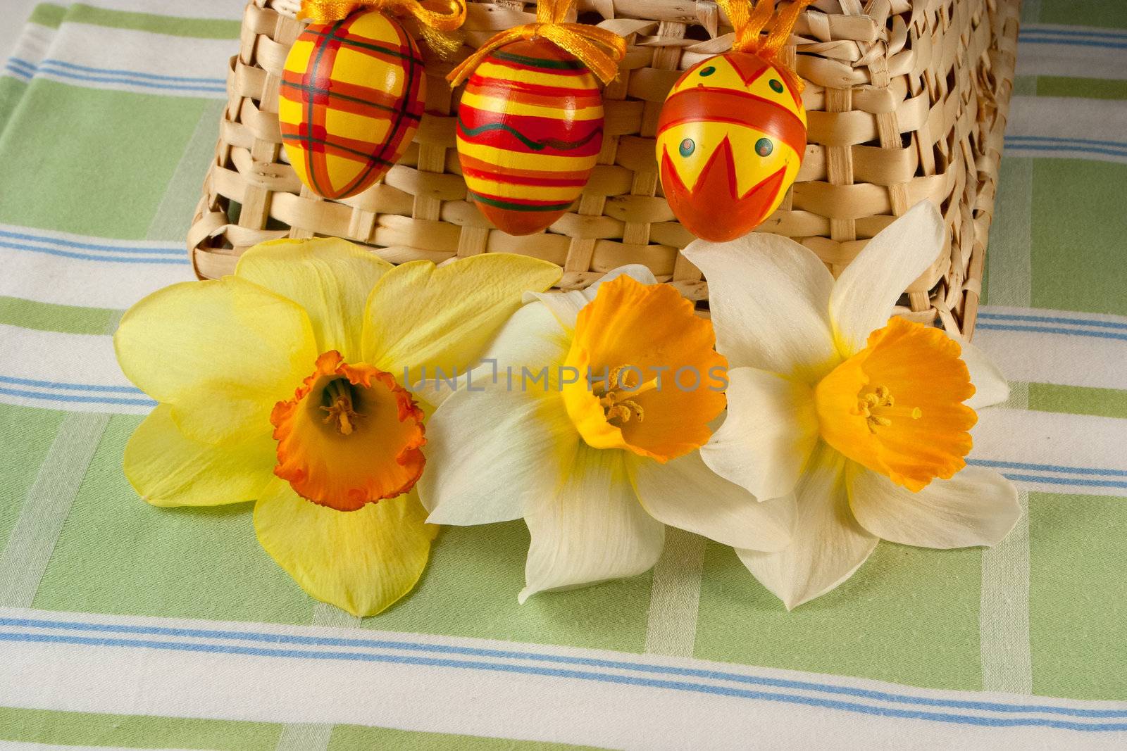 Easter Eggs on a green tablecloth with Narcissus