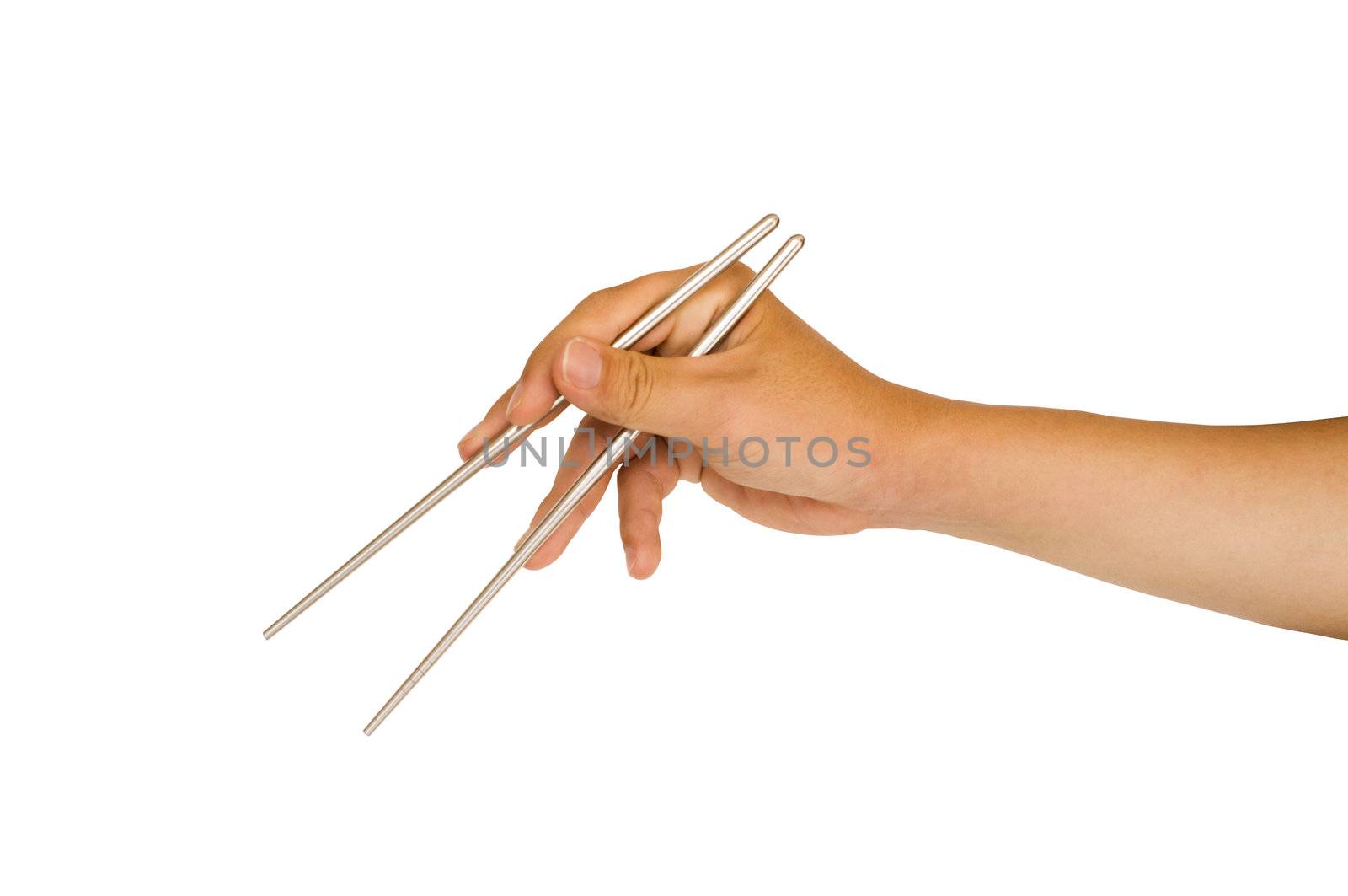 isolated man hand holding chopstick, with clipping path in jpg.