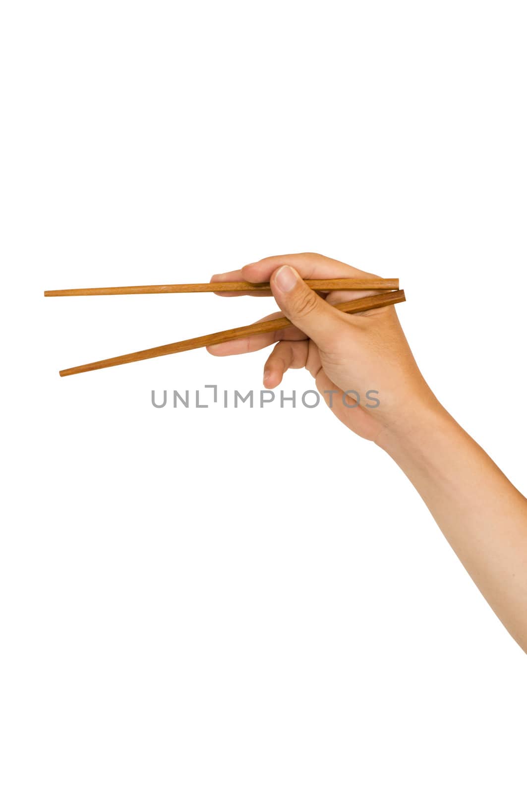 isolated man hand holding wooden chopstick, with clipping path in jpg.