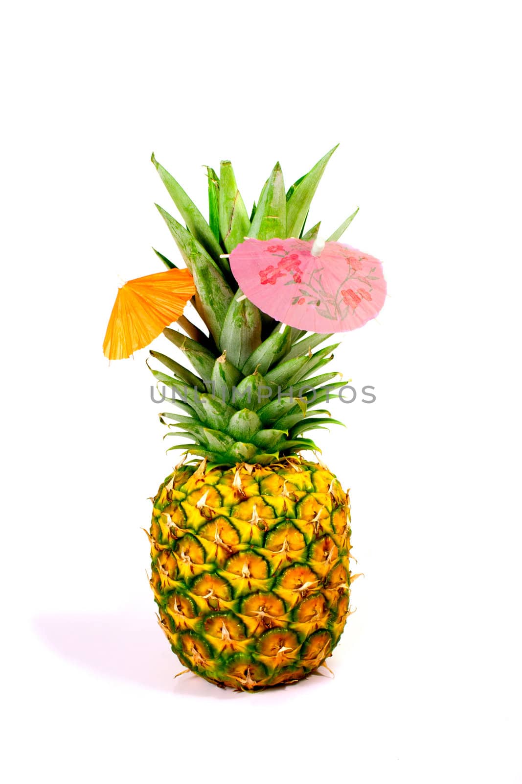 Pineapple with orange and pink umbrella