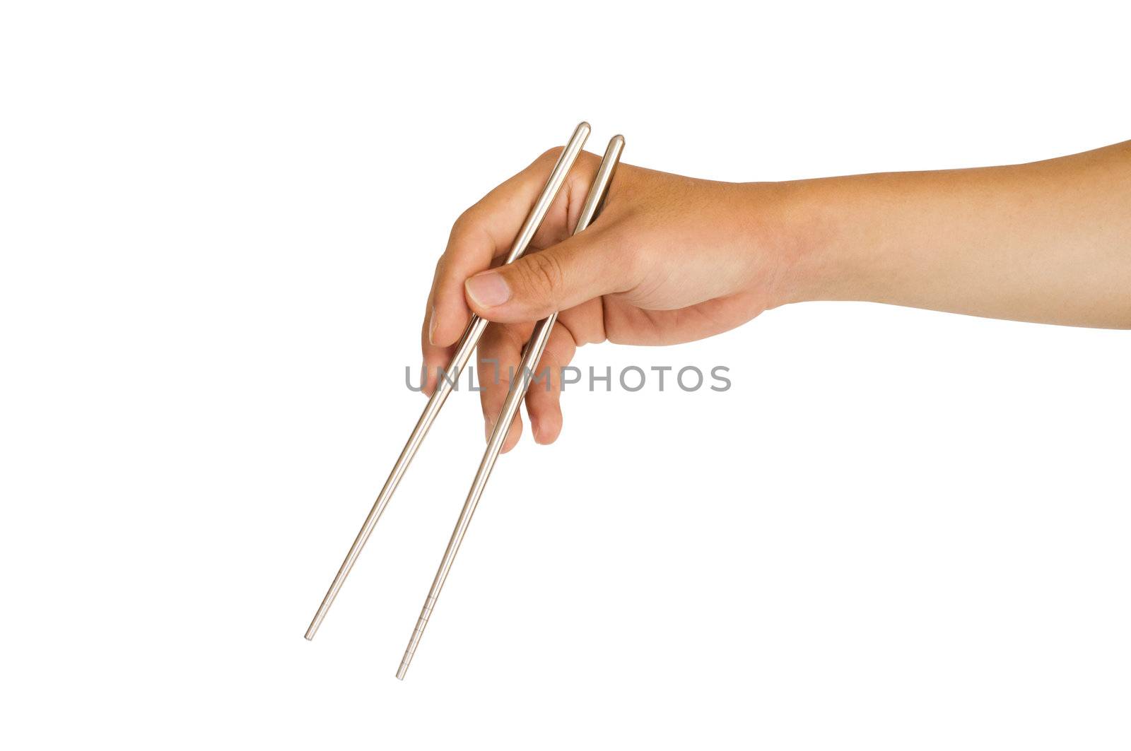 isolated man hand holding chopstick, with clipping path in jpg.