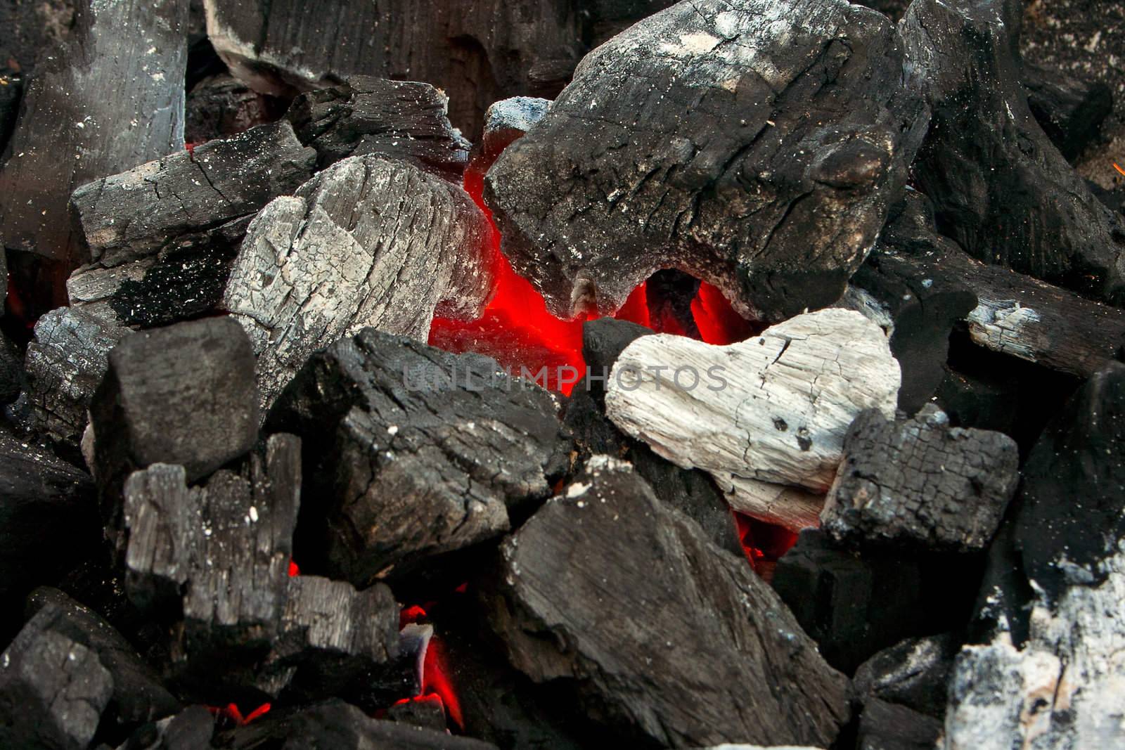Close up of burning coals on a barbecue