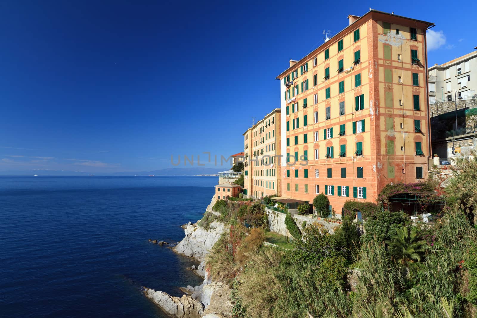 homes over the sea in Camogli, ancient small town in Liguria, Italy