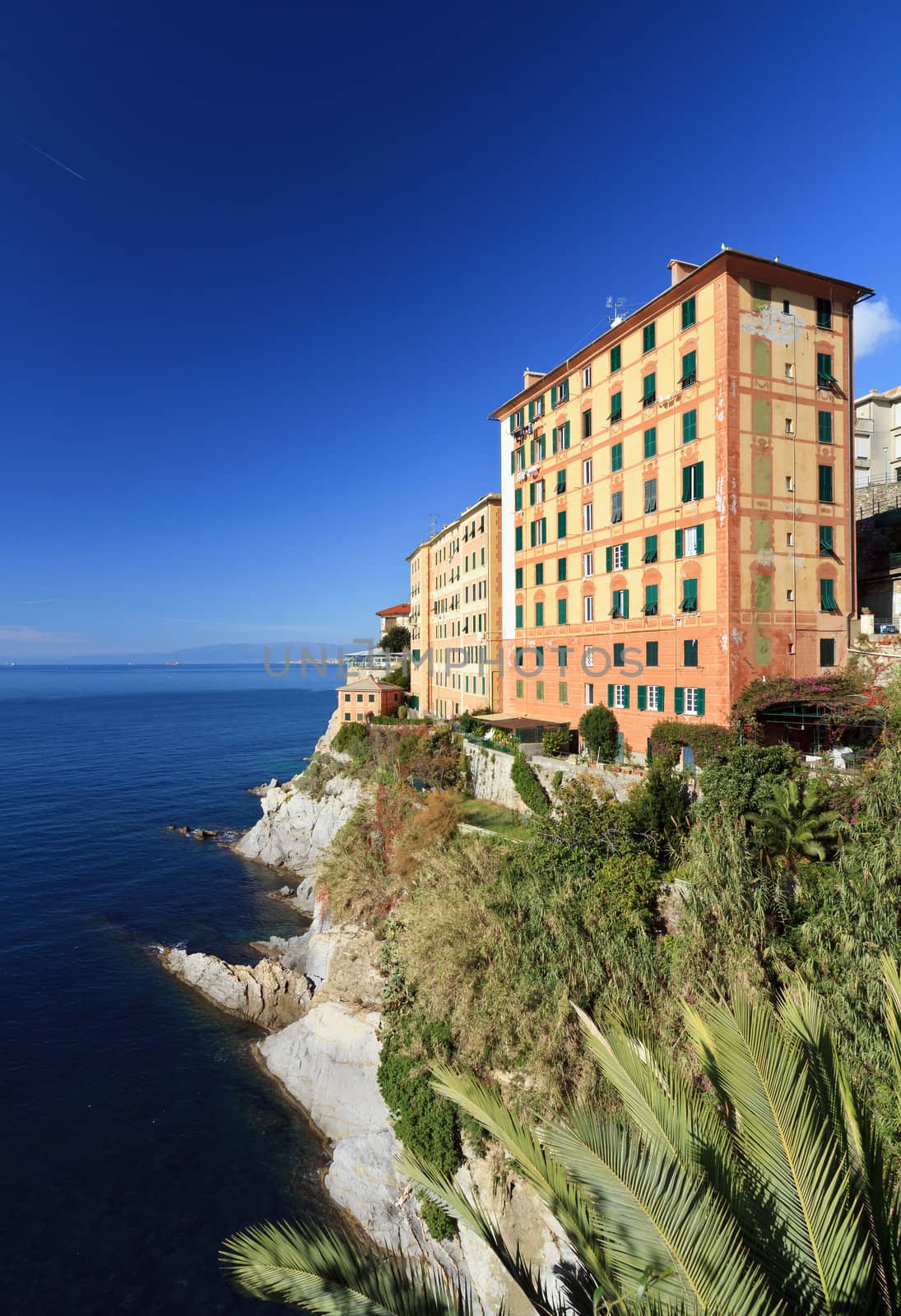 homes over the sea in Camogli, ancient small town in Liguria, Italy