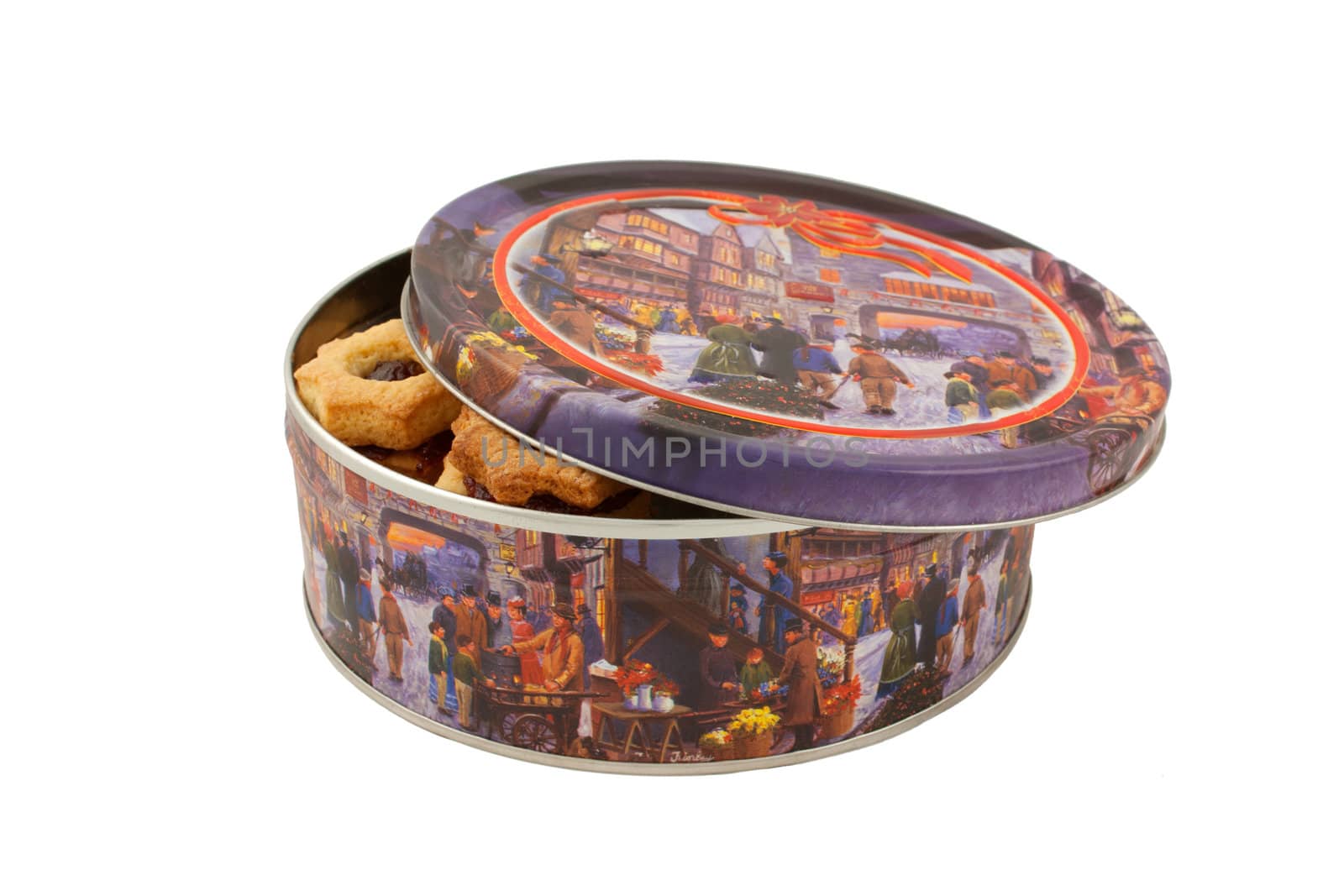 Round box with cookies on a white background