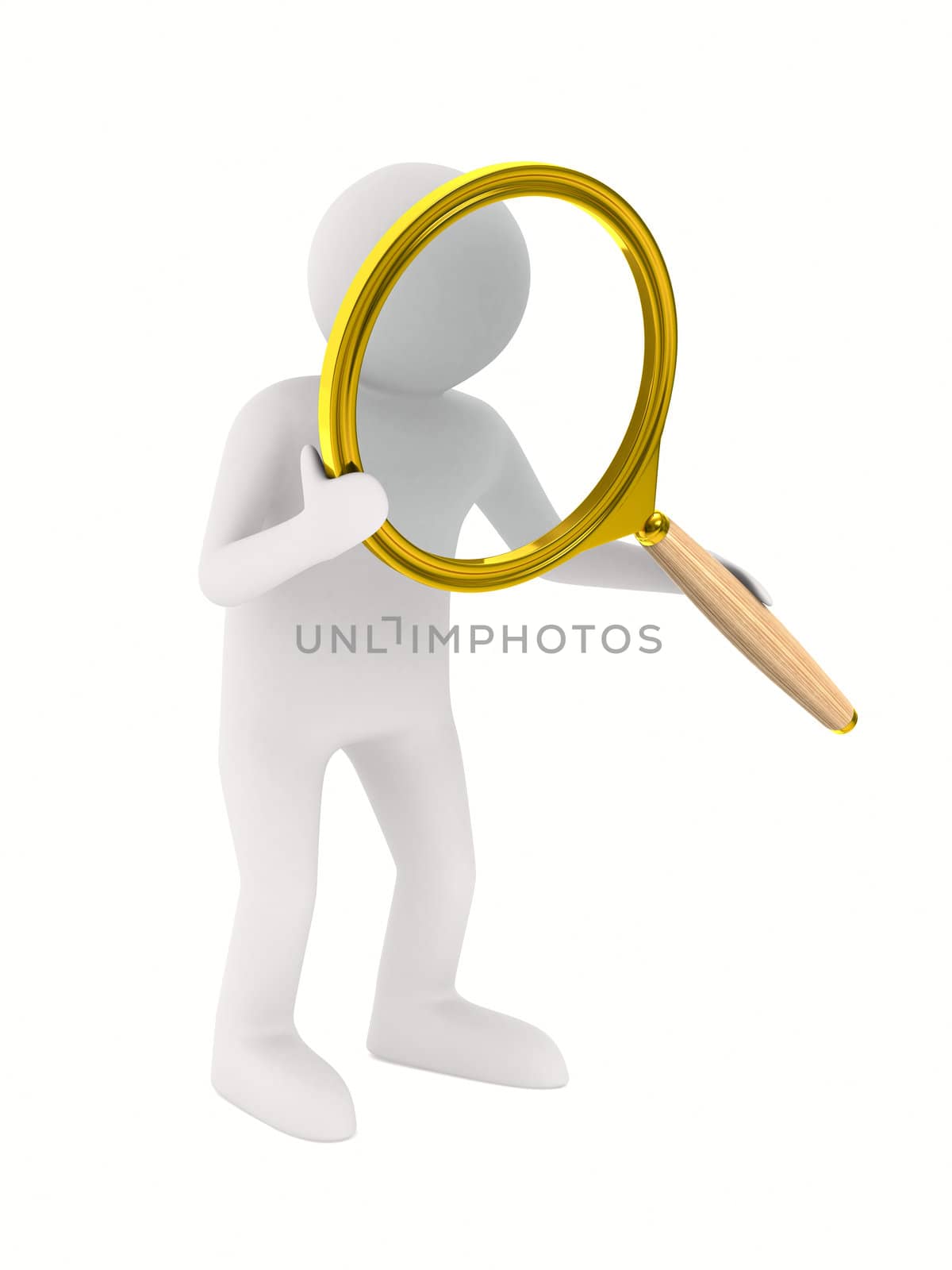 Man with magnifier on white background. Isolated 3D image