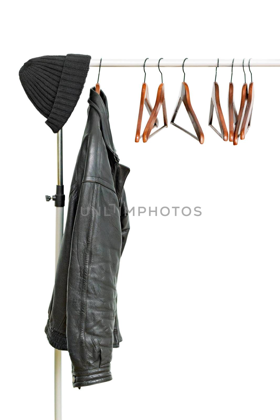 black leather jacket on a hanger isolated on white background