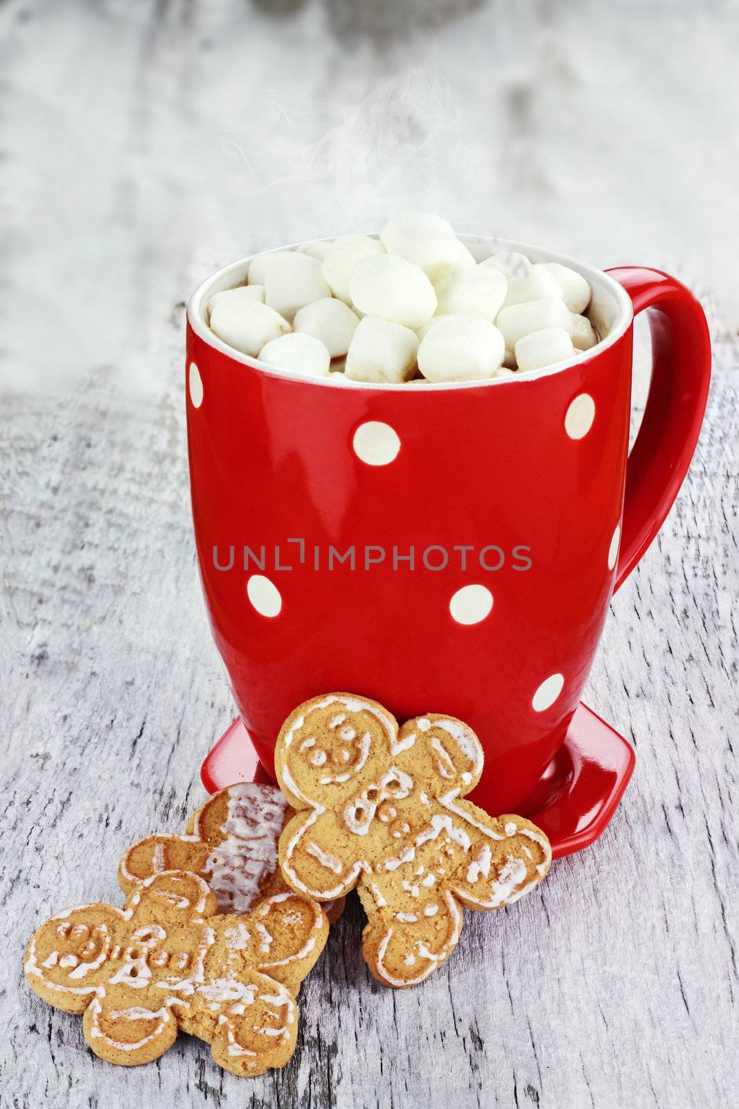 Cup of hot cocoa with marshmallows and cookies on a rustic background.

