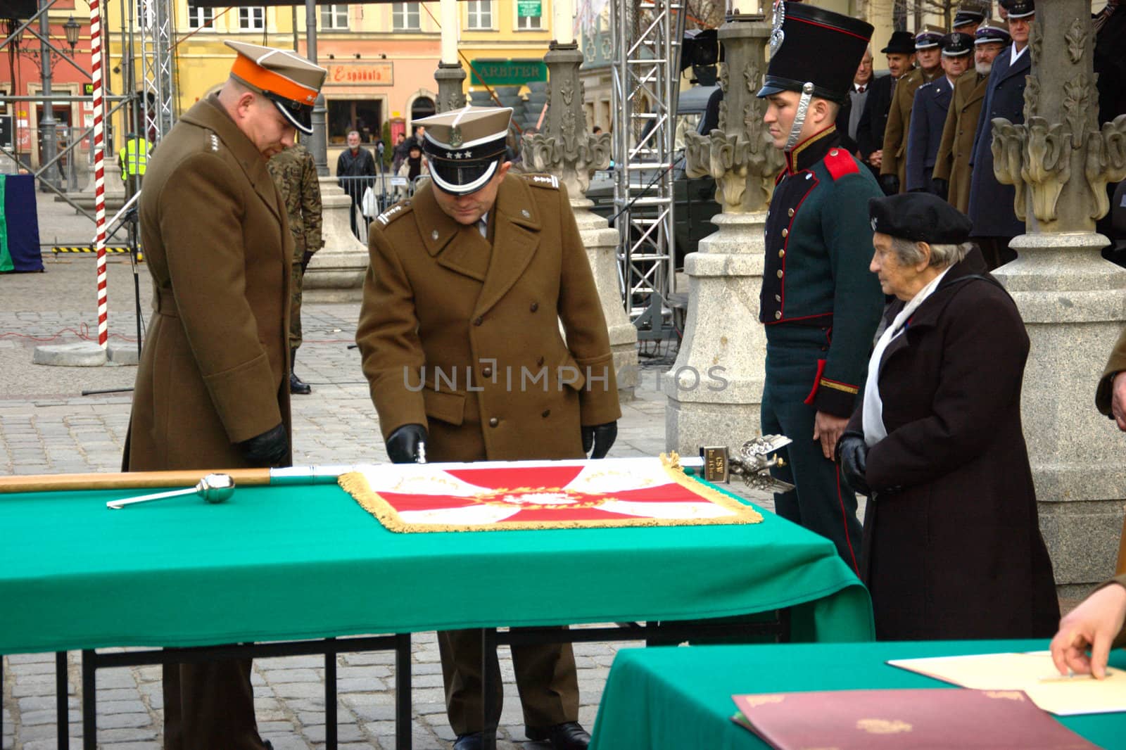 WROCLAW, POLAND - DECEMBER 2: Polish army, engineering training center for troops receives new army banner. Officer blesses new banner on December 2, 2011.