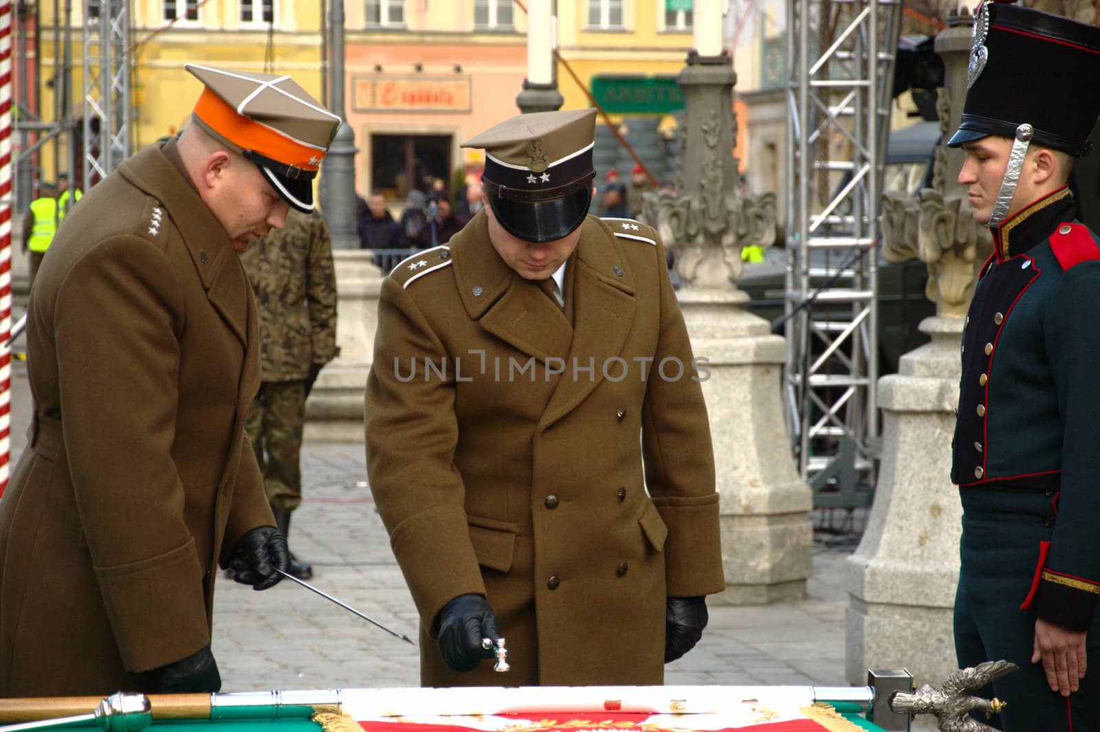 WROCLAW, POLAND - DECEMBER 2: Polish army, engineering training center for troops receives new army banner. Officer blesses new banner on December 2, 2011.