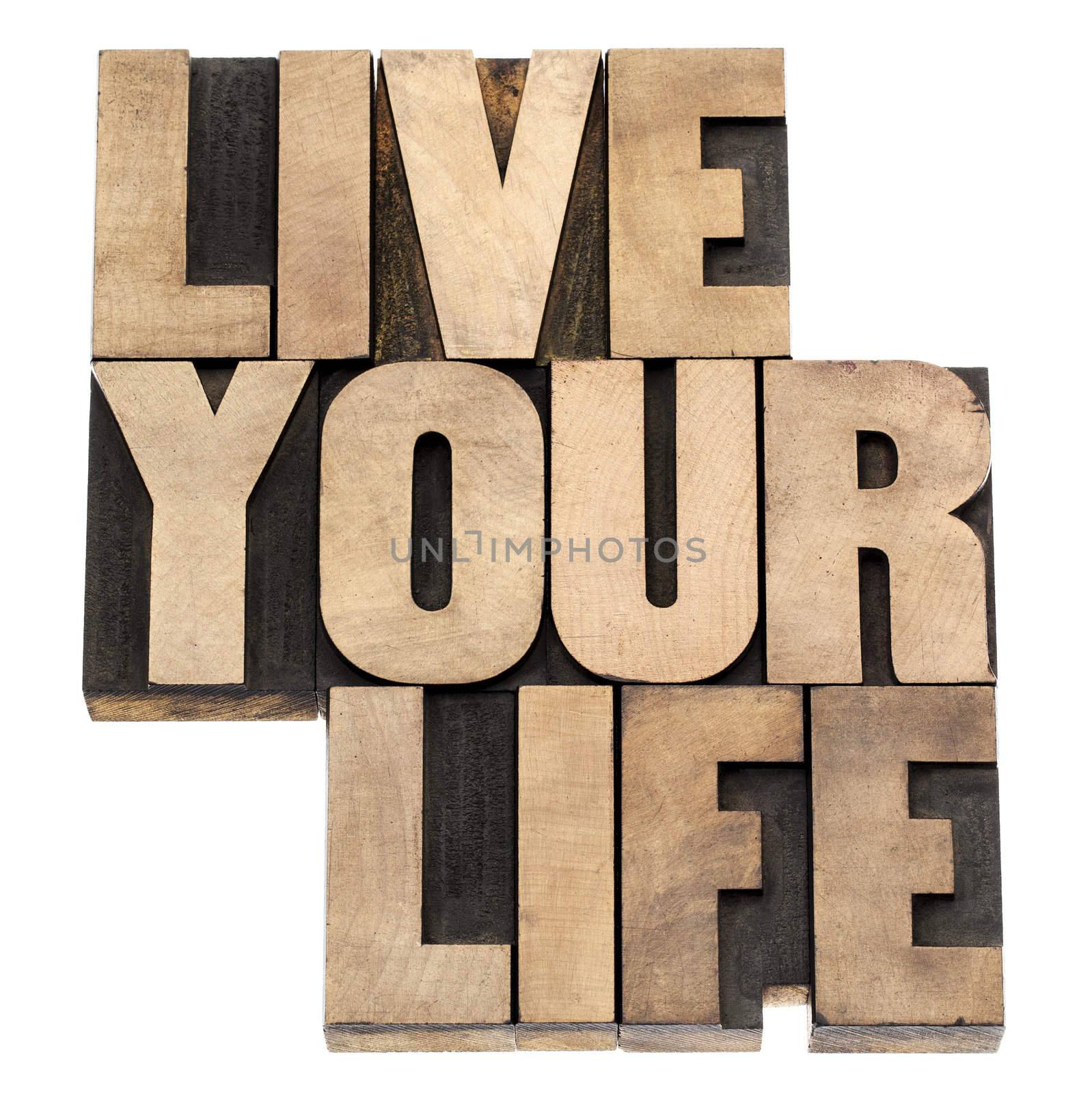 live your life phrase - isolated text in vintage letterpress wood type printing blocks