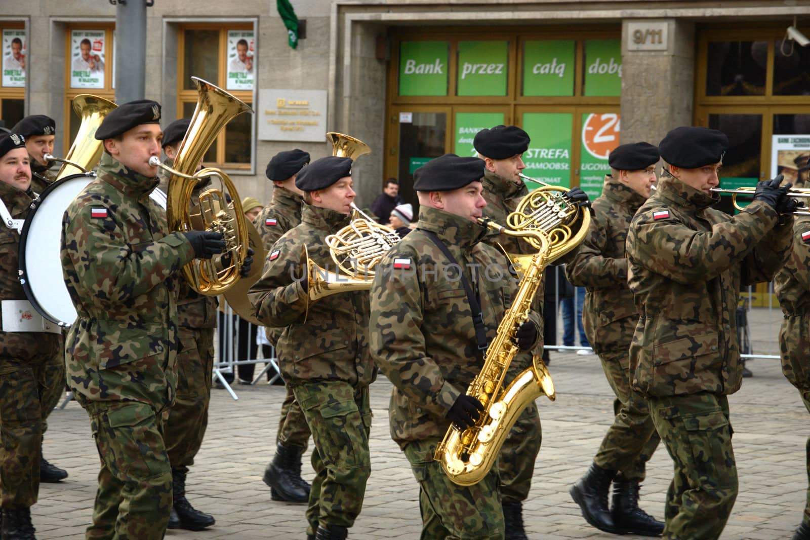 WROCLAW, POLAND - DECEMBER 2: Polish army, engineering training center for troops receives new army banner. Army orchestra joins the parade on December 2, 2011.