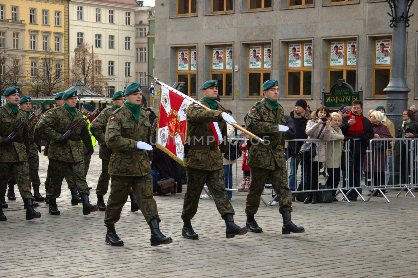 WROCLAW, POLAND - DECEMBER 2: Polish army, engineering training center for troops receives new army banner. Parade with new banner on December 2, 2011.