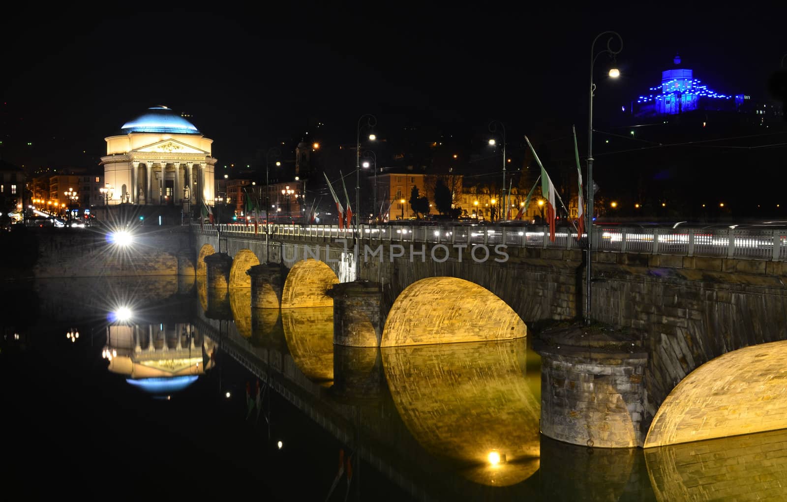 Church Gran Madre in Torino, Italy at night