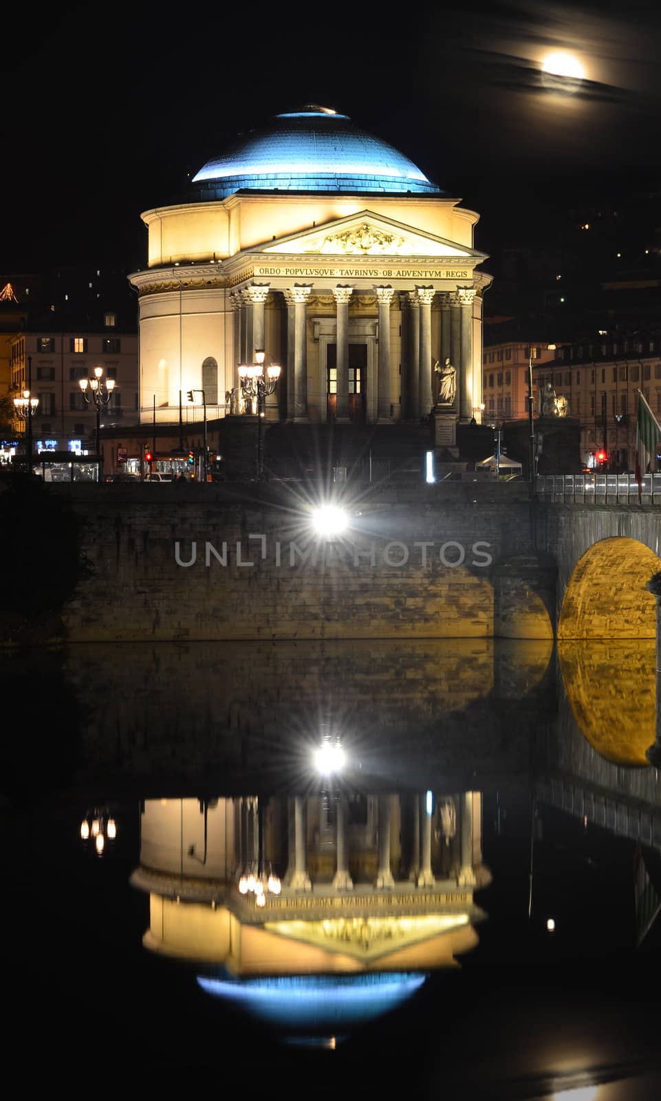 Gran Madre in Turin, at night, reflecting in the river Po