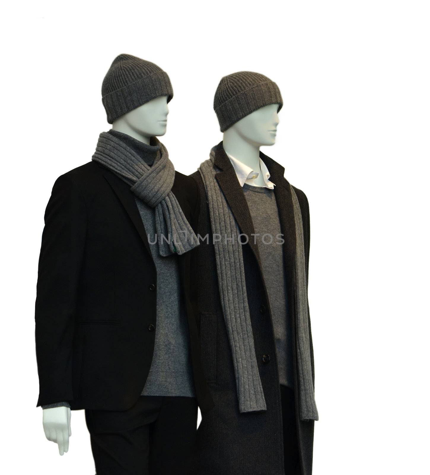 2 male mannequins with winter clothes isolated on white