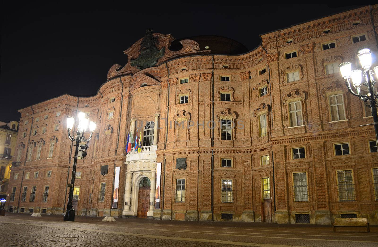 Facade of Palazzo Carignano in Turin, Italy, at night