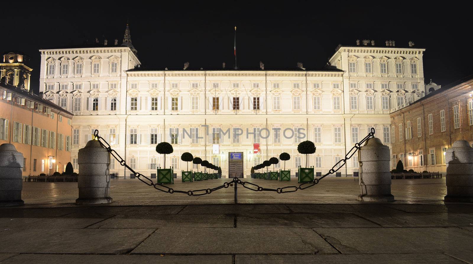 Facade of Palazzo Reale in Torino, Italy, at night