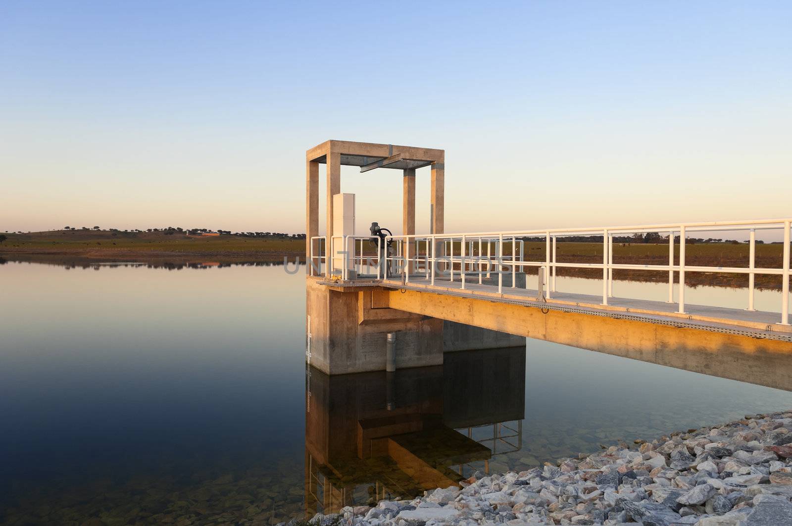 Outlet tower in a small irrigation dam, part of the Alqueva Irrigation Plan, Alentejo, Portugal