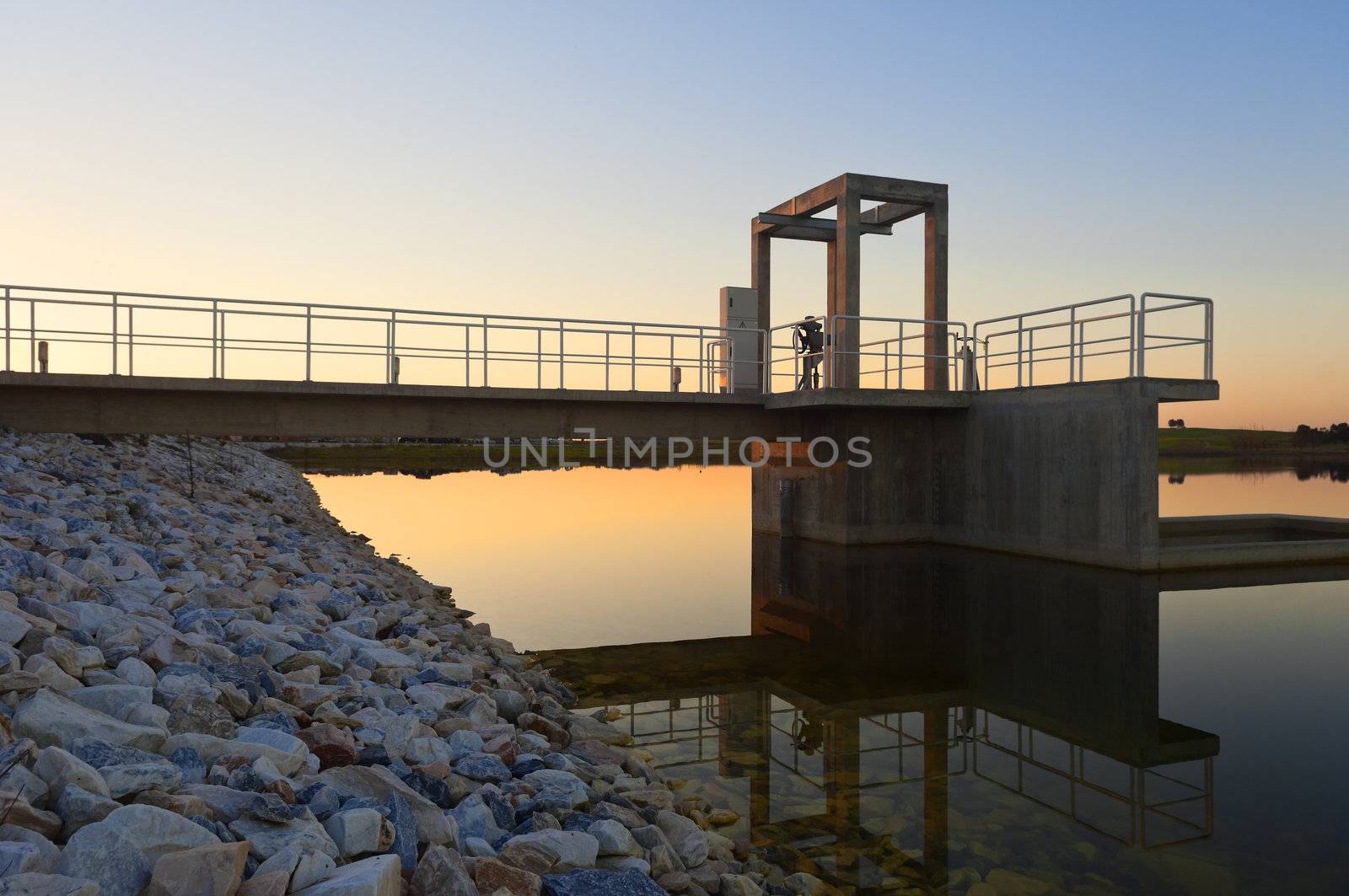 Outlet tower in a small irrigation dam, part of the Alqueva Irrigation Plan, Alentejo, Portugal