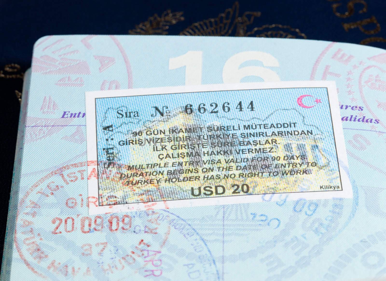 Macro image of visa and immigration stamps in US passport for Istanbul Turkey