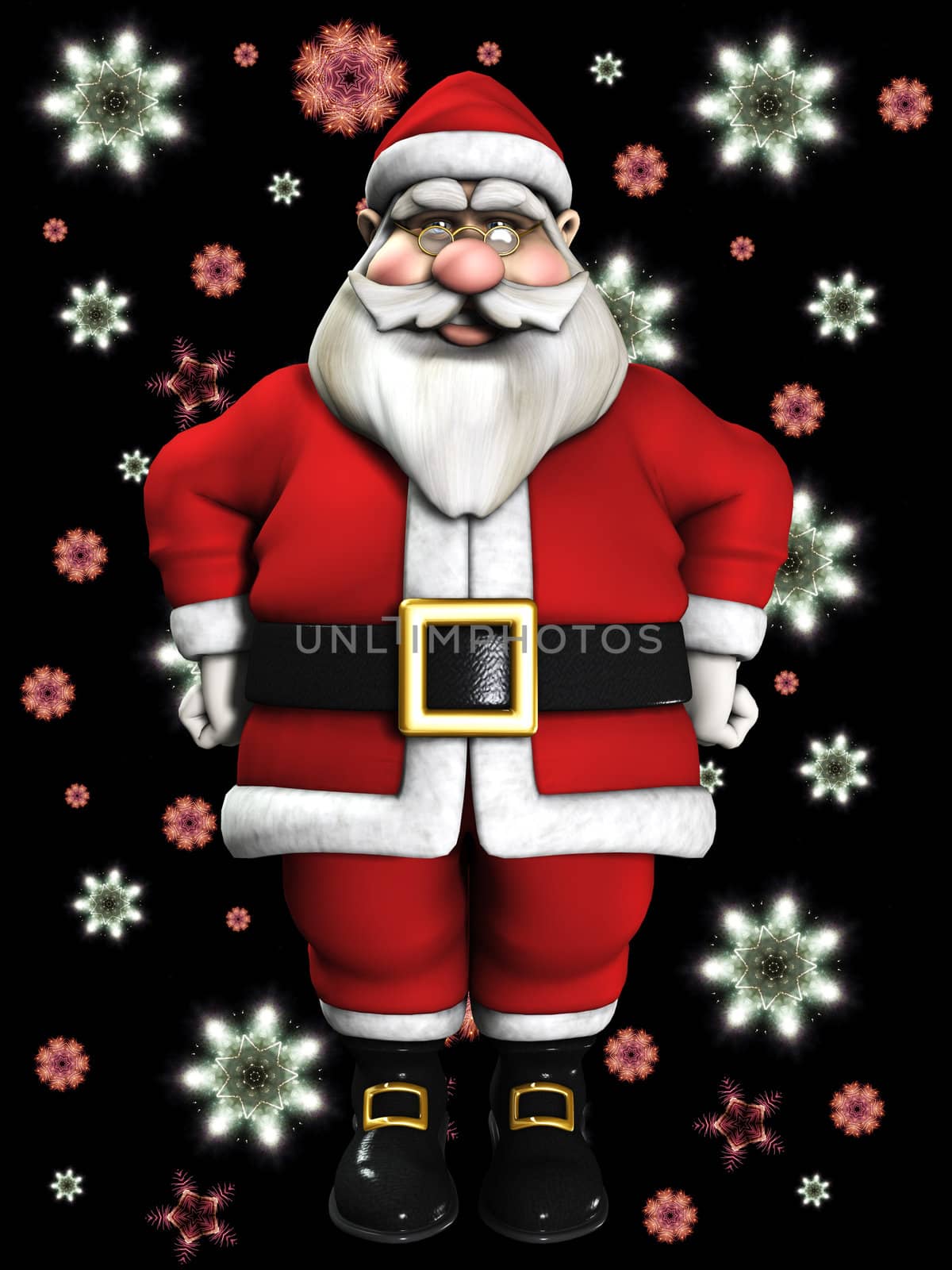 Santa Claus with lots of snowflakes falling in the background
