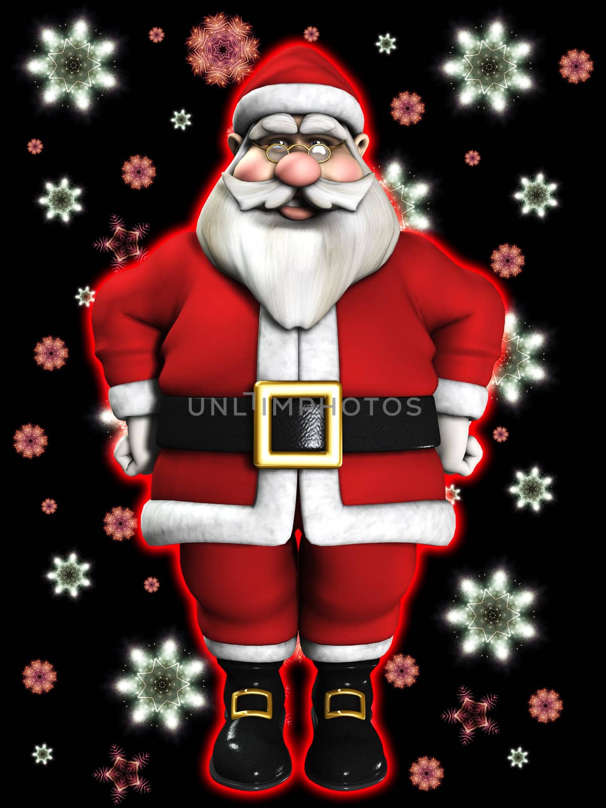 Santa Claus with lots of snowflakes falling in the background